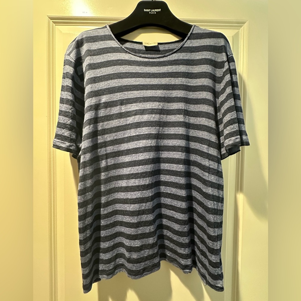 Saint Laurent Blue And Dark Blue Striped Linen Monogram T-Shirt